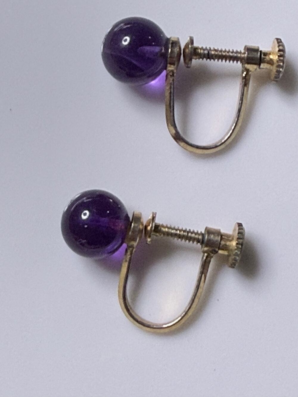 Vintage Purple Glass Bead Screw Back Earrings, Gold Tone